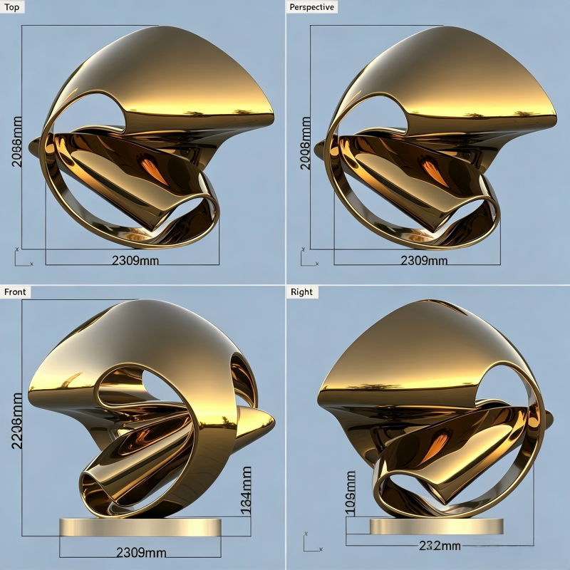 Titanium Gold Polished Stainless Steel Abstract Ring Sculpture with Black Granite Base | Modern Large Outdoor & Indoor Luxury Metal Art Statue
