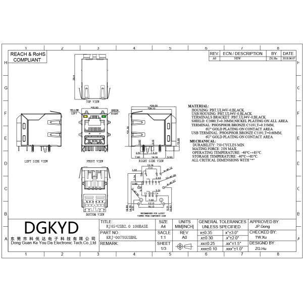 RJ45 with single USB 2.0, light strip, shielded Ethernet socket, 100Mbps transformer KRJ-007YGUSBNL