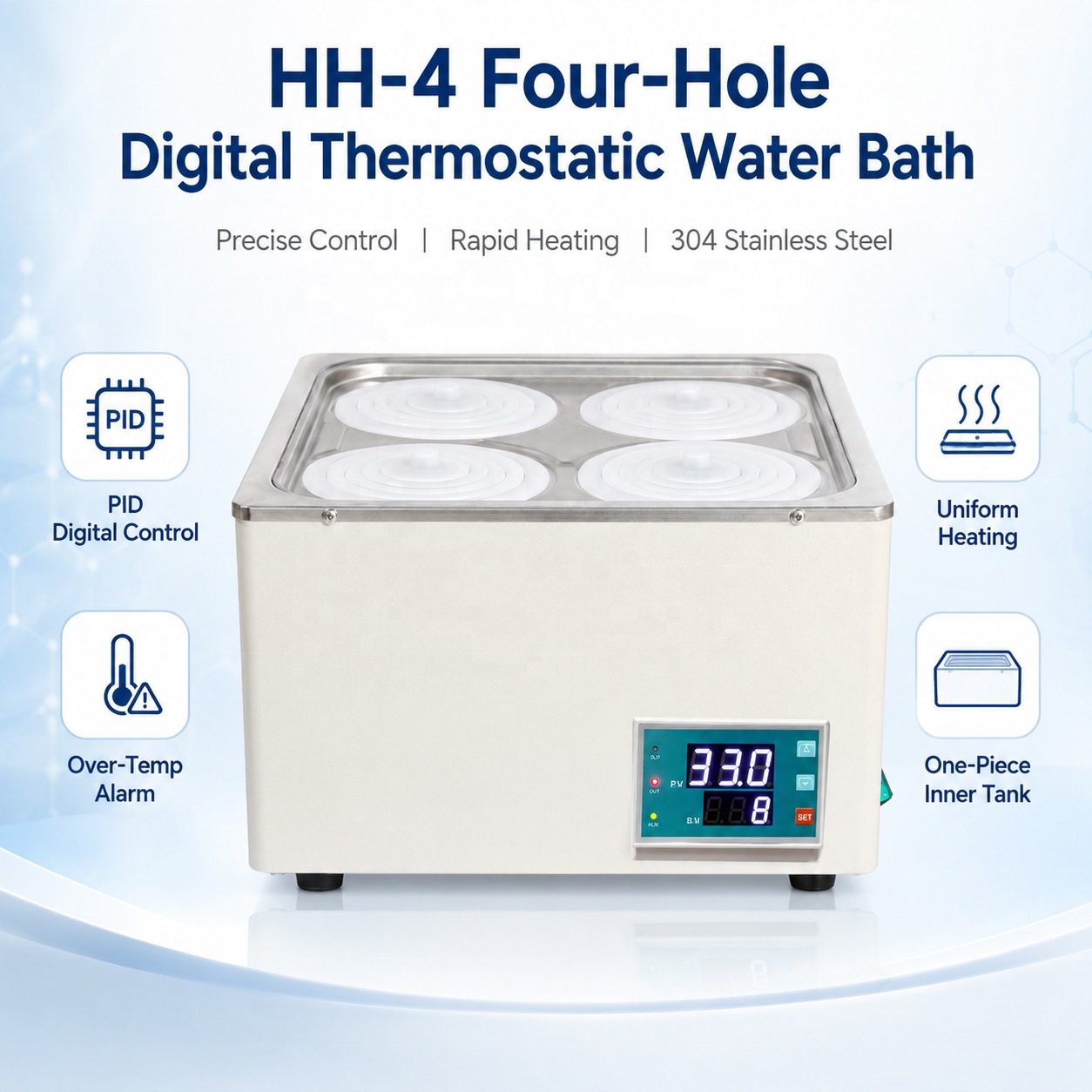 Cenlee Four-Hole PID Digital Thermostatic Water Bath 100°C 800W for Biology Sample Warming and Incubation