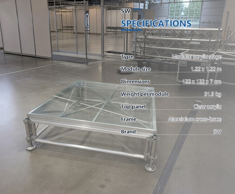 Clear Acrylic Modular Stage Platform with 1.22m Module and Aluminium Cross Frame for Events
