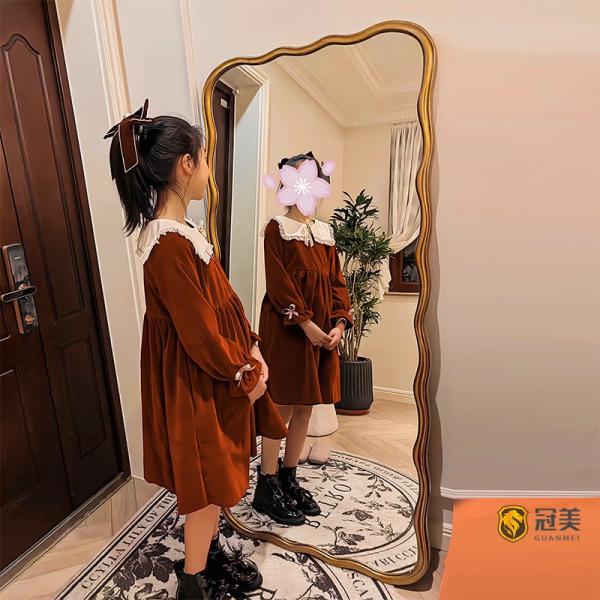 Wavy Beveled Floor Mirror Wood Frame 600mm For Modern Bedroom Decoration