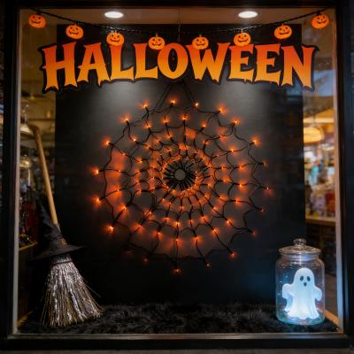 80cm Iron Spider Web LED Light: 80cm diameter (fits windows/walls/parties). Iron frame + fine mesh (durable 3D shape). 100 warm yellow LEDs (steady-on, spooky Halloween glow). 221g