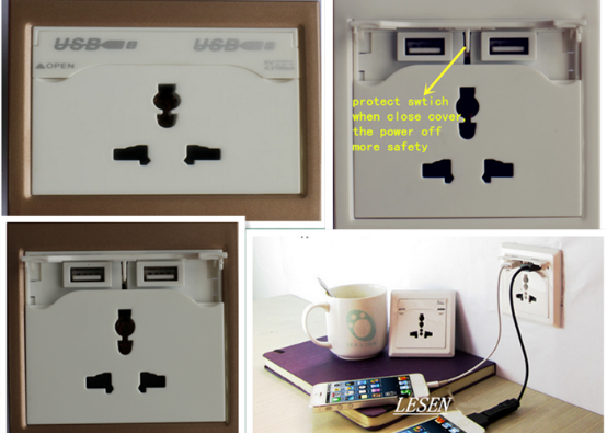 220V Double USB Wall Socket On - Off Operations Exceed 40000 Times With Earth Contact