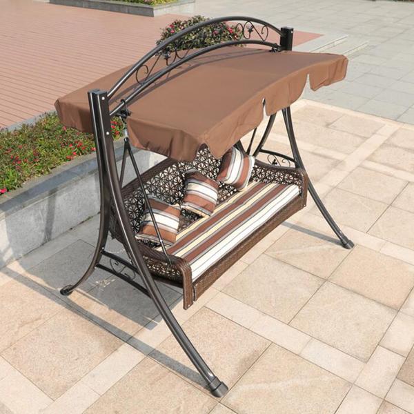 Metal Rattan Swing Chair with Canopy 3-Seater Garden Furniture Metal Steel Frame