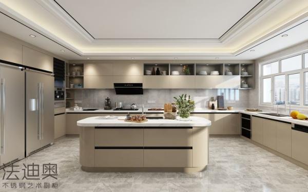 Modern U-Shaped Stainless Steel Kitchen Cabinet With Arched Island And Seamless Appliance Integration