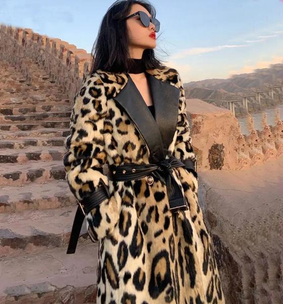                  Long Faux Fur Leopard Trench Coat Trimmed Fur for Women in Winter Fur Long Line Leopard Print Winter Jacket             