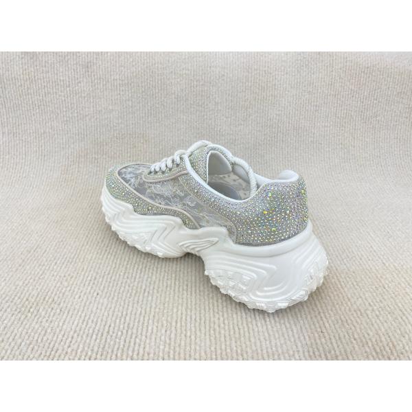 Women white leather sneakers with bling crystal and breathable lace mesh heightening