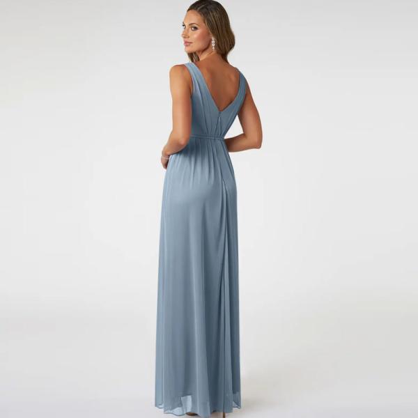 Elegant A-Line Front Split Slit Sky Blue Chiffon V-Neck Sleeveless Pleated  Backless Plus Size YKK Zipper