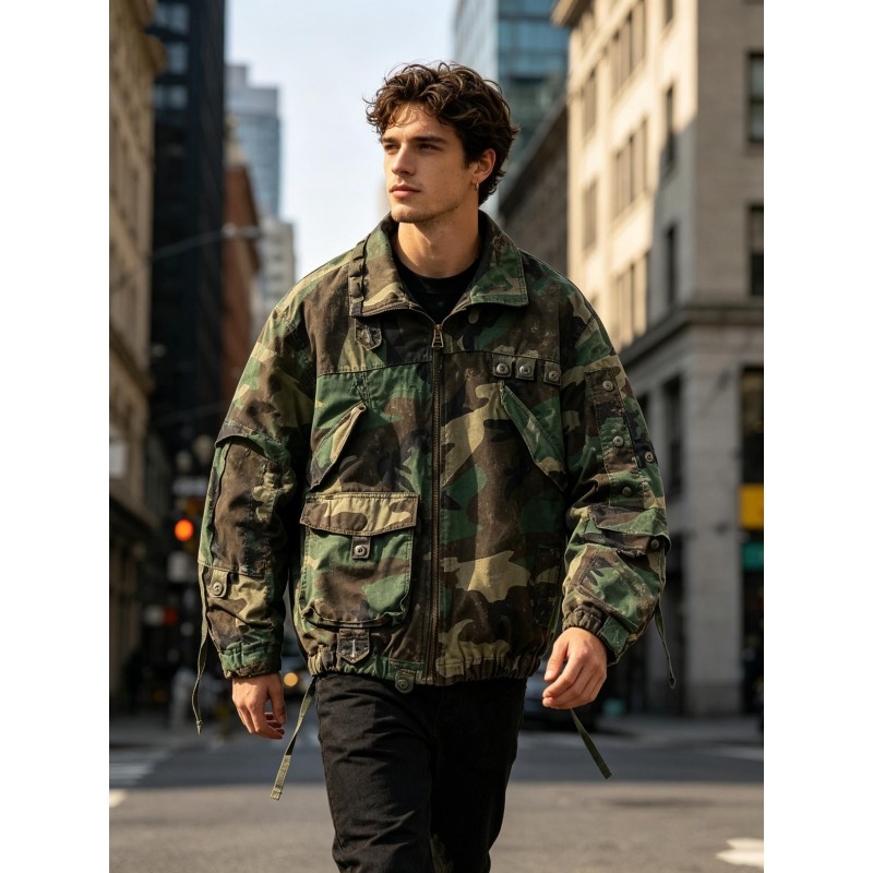 Tianan Custom Vintage Washed Camo Jacket Men Oversized Square Multi-Pocket Distressed Field Streetwear Patchwork Bomber Jacket