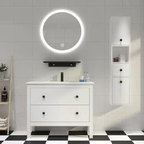 Wall Hung PVC Bathroom Cabinet Vanity With Vessel Sink Toilet White Rectangle 36 x 22
