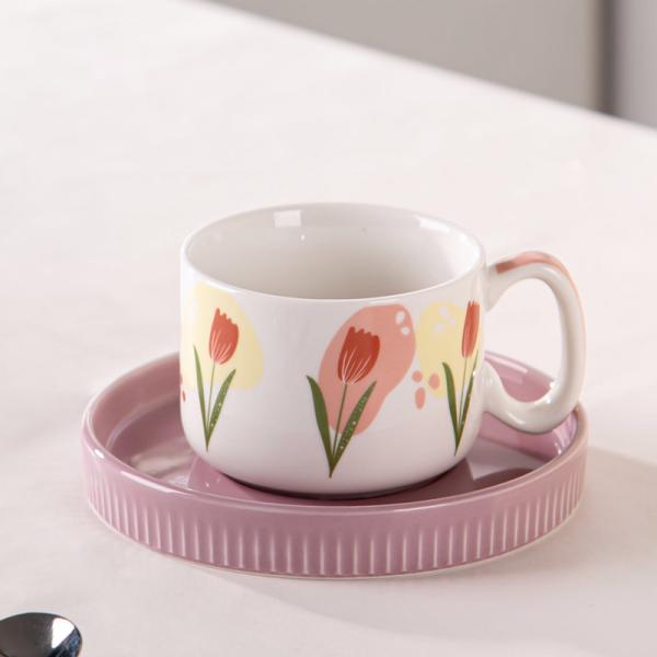 Logotipo personalizado Flor Design Cerâmica Chá de Copo E Prato Conjunto Para Restaurante 200ml