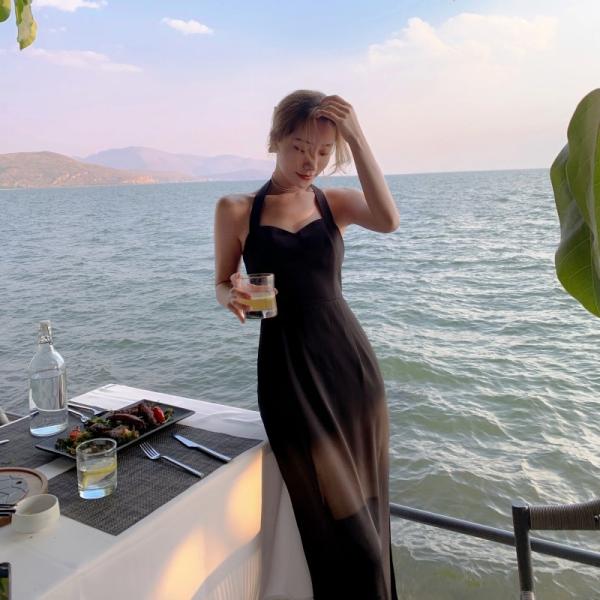 Backless Halter Neck Split Womens Vacation Dresses