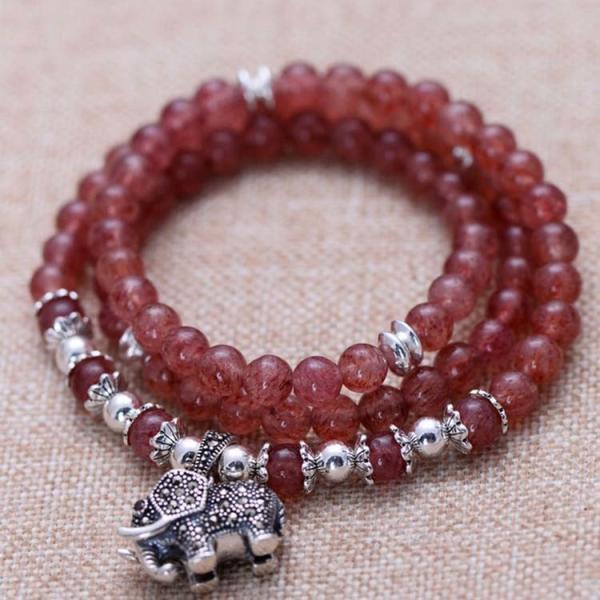Women 6mm Strawberry Quartz Beads 3 Rows Strand Bracelet with Silver Charm (042861W)