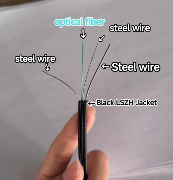 BLACK / WHITE STEEL WIRE OR FRP FIBER OPTIC DROP CABLE FTTH FLAT GJXH INDOOR LEATHER CABLE