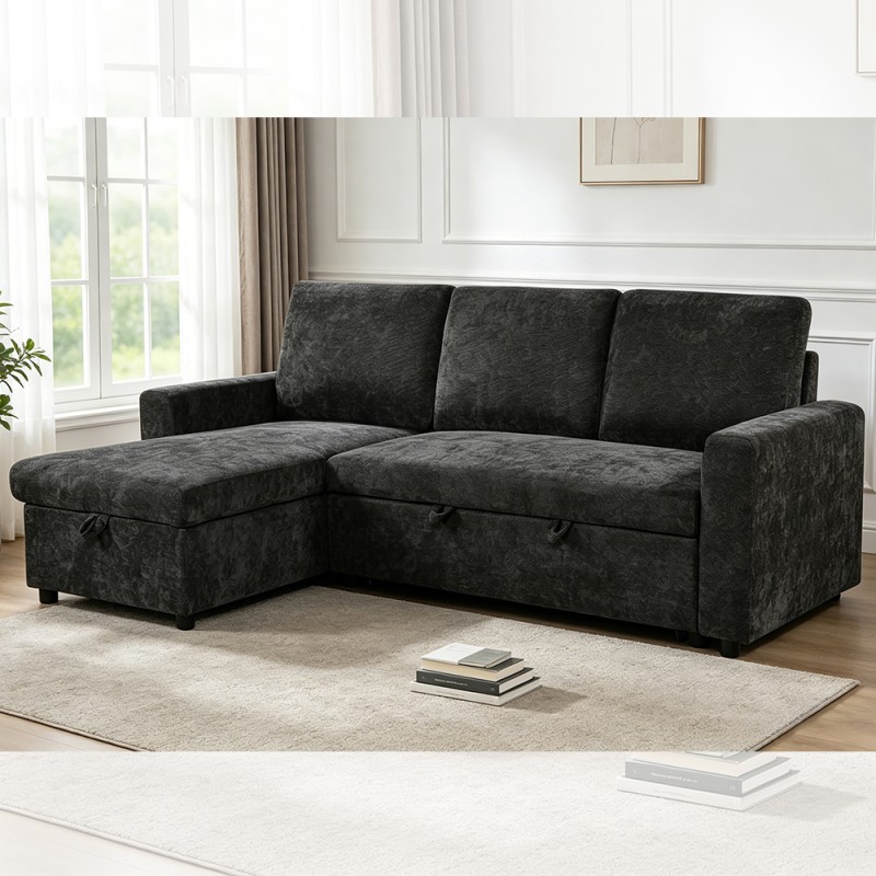 L-Shaped Reversible Sectional Sleeper Sofa with Pull-Out Bed and Storage, Charcoal Gray Fabric