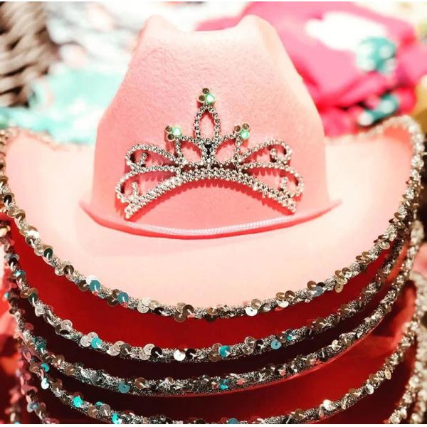Feathered Border Pink Western Cowboy Hat with Light Pink Crown and Customizable Logo