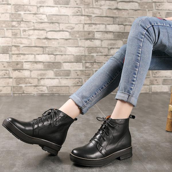 S038 Round head leather women's shoes retro handmade flat-heeled first layer cowhide lace-up Martin boots non-slip ethni