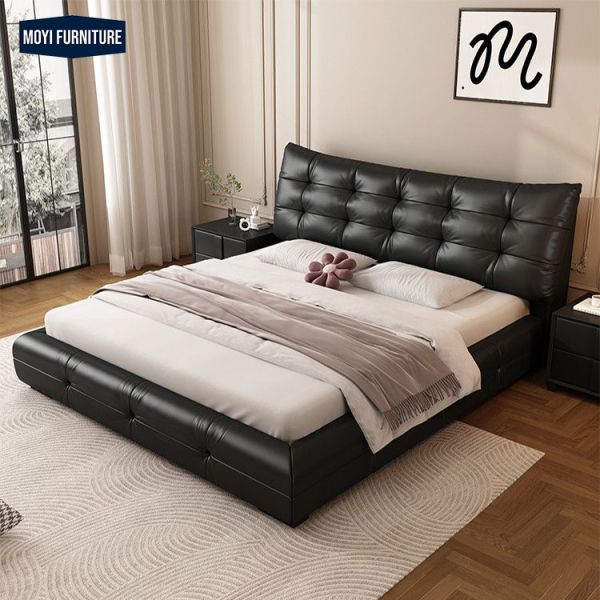 Synthetic Leather Upholstery Wooden Frame Foam Fabric Bed Modern Soft Wooden Bed Frame King Full Size Double Bed Set