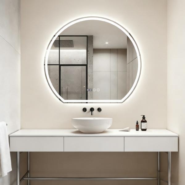 Smart Modern LED Glass Bathroom Mirror Anti-Fog Round with One-Click Defogging Soft Circular Light Wall-Mounted for Home Decor
