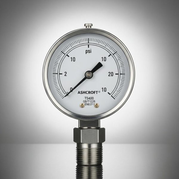 Ashcroft  The T5400 all stainless steel pressure gauge complies with GB/T1226 and EN837-1 standards and is suitable for monitoring and controlling processes and equipment. T5400 offers a dial with a