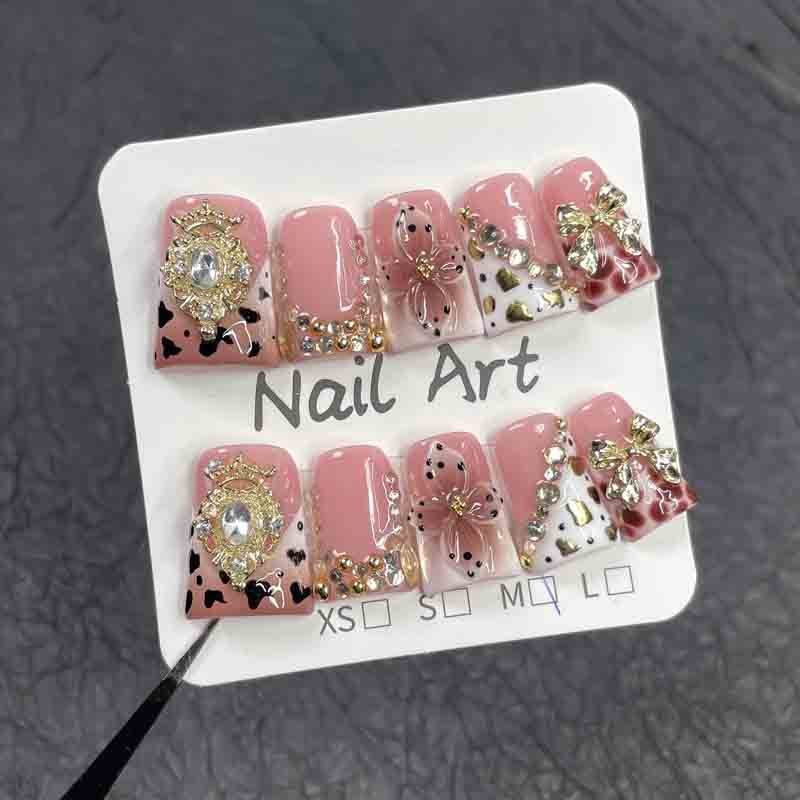 Medium Square Pink Handmade Press On Nails Cow Print Gold Bow Crown 3D Flower