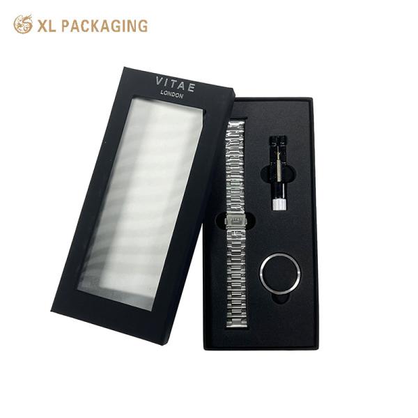 Black Two Pieces Top Base Watch Strap Gift Box with PET Clear Window and Soft Touch Matte Paper and Black EVA Insert for Luxury Watch Packaging