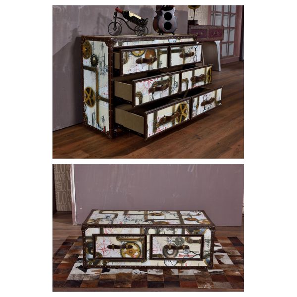 Nidea #8517 Vintage Antique Rustic Luxury Classic Chest Cabinet with Hand-Painted Design Patterns, 6-Drawer Living Room Cabinet