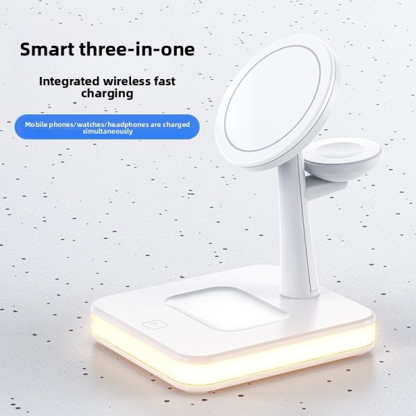 3 In 1 Magnetic Wireless Charger Stand With Holder Fast 15W Charge Mobile Phone Smart Watch Night Light Home Office