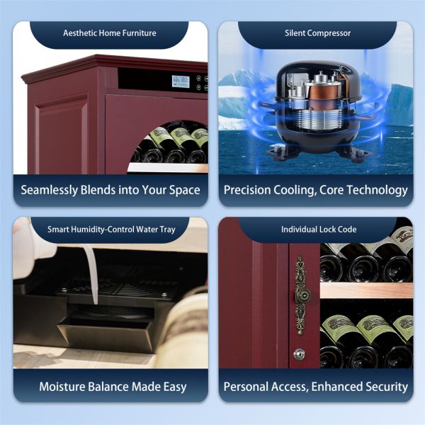 Premium Red Wood Wine Cooler with Smart Digital Temperature Control and Lockable Glass Door