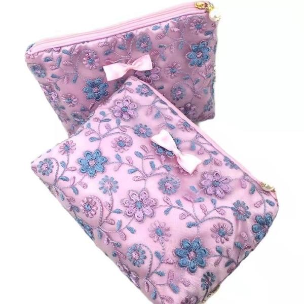 Purple Flower Pattern Large Zipper Makeup Bag Lace Cloth Embroidery OEM