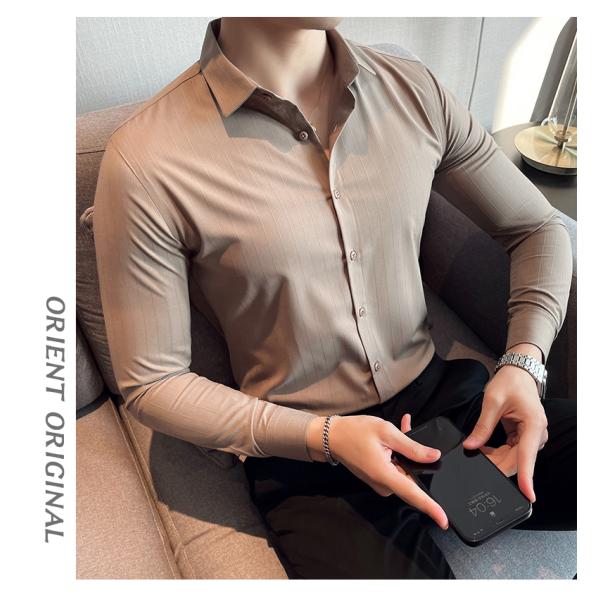 Неформальные рубашки Поднимающийся воротник Осенняя ткань Поло Пахта Длинные рукава Мужская стройная рубашка