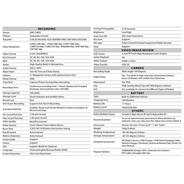 1296P Full HD Police Officer Body Camera 32 Megapixel , 32GB/64GB Record Storage