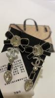 23K Black White Gem Bow Double C Pearl Drop Earrings