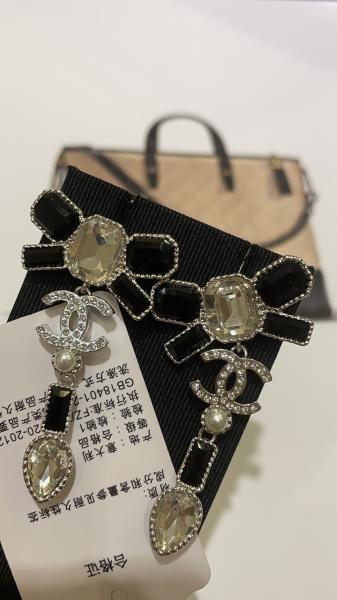 23K Black White Gem Bow Double C Pearl Drop Earrings