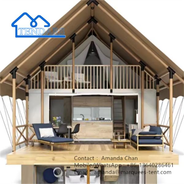 Factory Beige Color Safari Glamping Canvas Lodge Tent With Bathroom Module