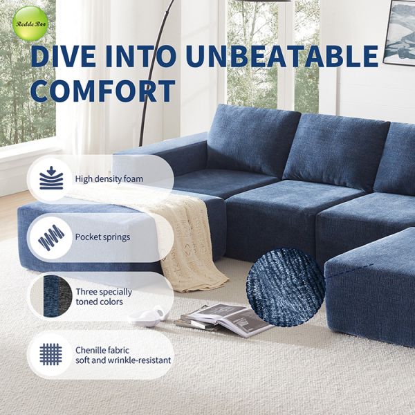 Modular Tweed Fabric Couch Compressed Chenille Sectional Sofa Skin Friendly