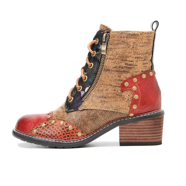 Botas de couro castanhas para mulheres de salto baixo Botas de tornozelo de cordel para mulheres
