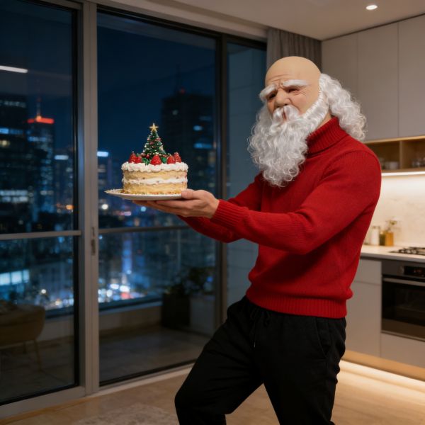 Realistic Santa Claus Mask Bald Old Man Latex Headgear with Long White Beard Christmas Cosplay Costume Prop