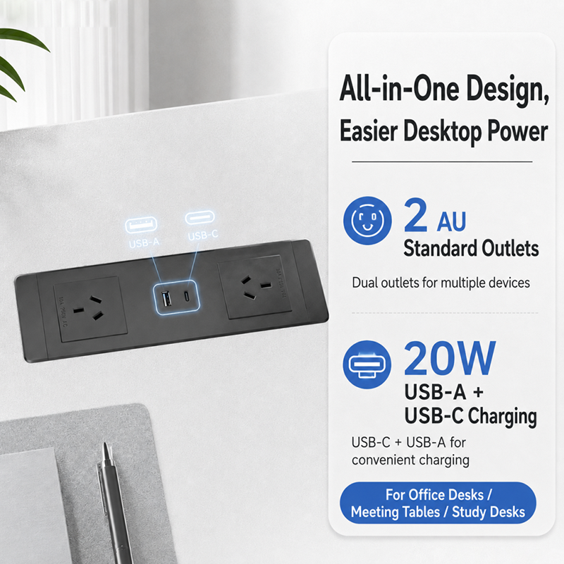 Flush Mount Desk Power Strip with 2 AU Outlets 20W USB C SAA Approved Alloy Material V0 flame
