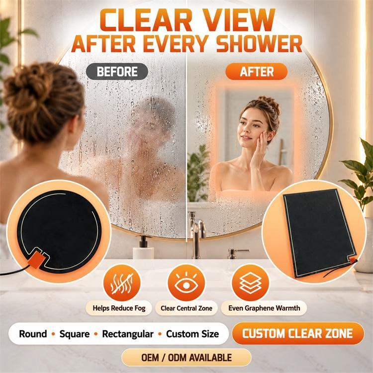 Graphene Mirror Defogger Heating Pad, Custom Shape Size Voltage, Moisture-Resistant Flexible Film for Bathroom Mirrors
