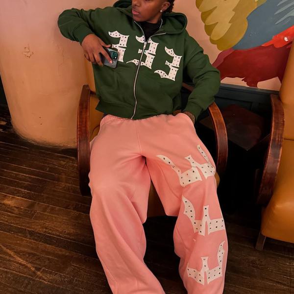 Cadeau à la fermeture à glissière sur capuche brodée Strass Patch Diamond Acid Wash Hoodies Loose Baggy Sweatpants Tracksuit Hoodie Jogger Set