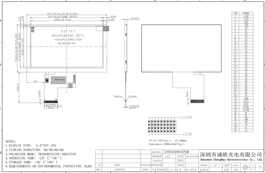5,0 модуль экрана касания модуля 800*480 дисплея PIN TFT LCD RGB 40 дюйма