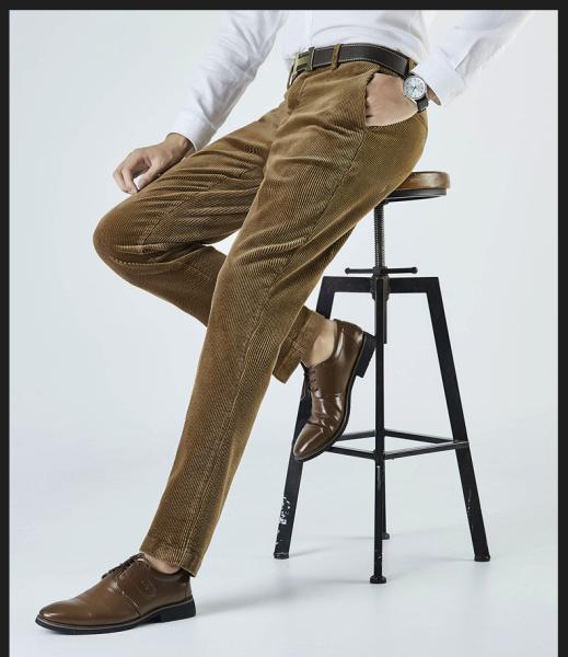 Regular Fit Drawstring Closure Corduroy Dress Pants for Men's Professional Look