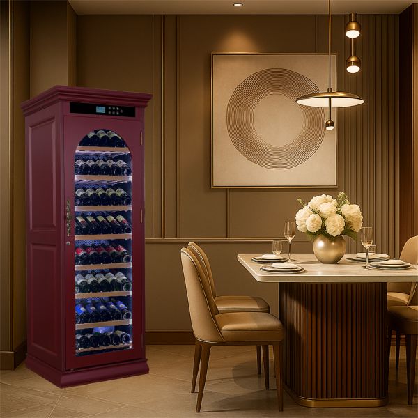Solid Wood Kitchen Wine Cooler with Smart Digital Control Panel Locking Door and Tempered Glass LED Light