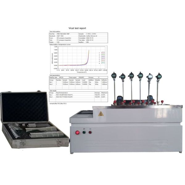 HDT VICAT Testing Machine with advanced temperature control system ensuring uniform heating during polymer testing process
