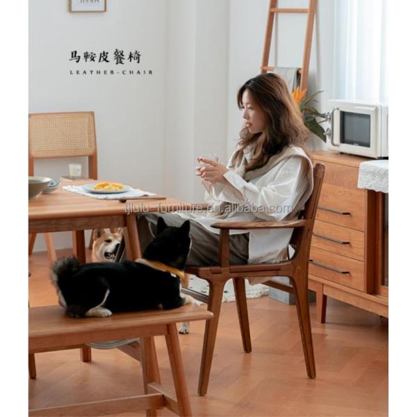 Hotel Nordic Design Solid Ash Wood Horse Saddle Leather Woven Seat Stackable Dining Chair for Modern Cafe and Restaurant
