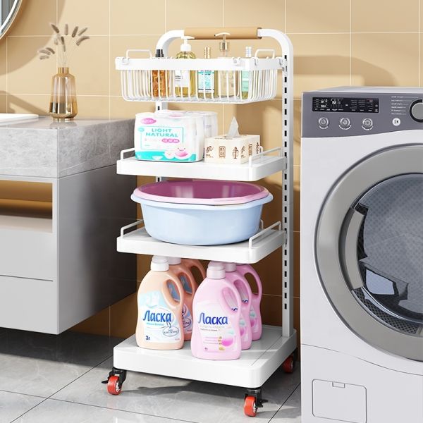 5 Layer Floor Type Standing Metal Mobile Basin and Bucket Cart with Wheels Towel Bathroom Organizer Storage Corner Shelf Rack