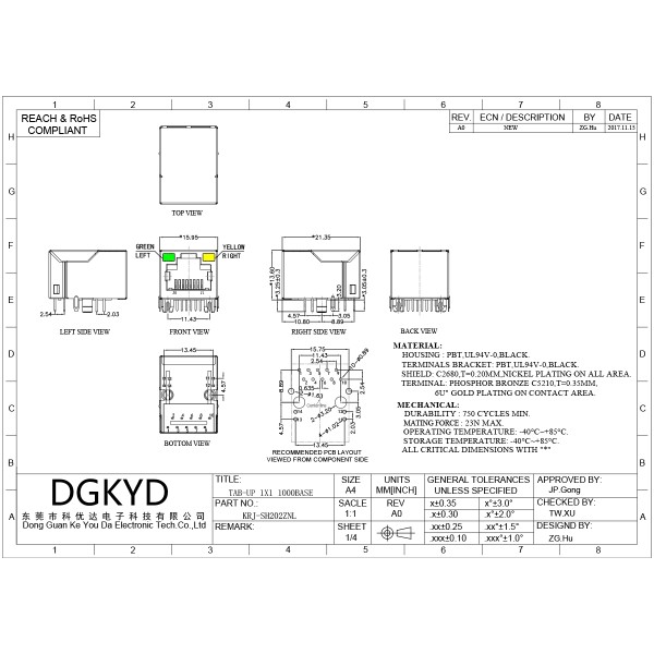 KRJ-SH202ZNL Single-port RJ45 Connector Gigabit Filtered with LED Indicator and Shielding for Industrial Ethernet Port