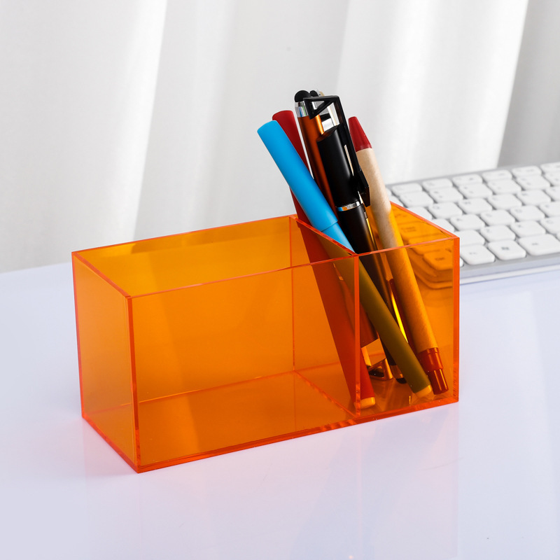 2 Grid Acrylic Pen Holder Transparent Rectangle Stationery Storage Box for Desktop Organization and Debris Sorting