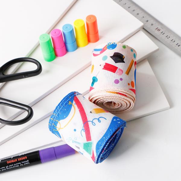 Jute/Polyester Wired Burlap Ribbon for School Season Blue Pot and Rainbow Print Design